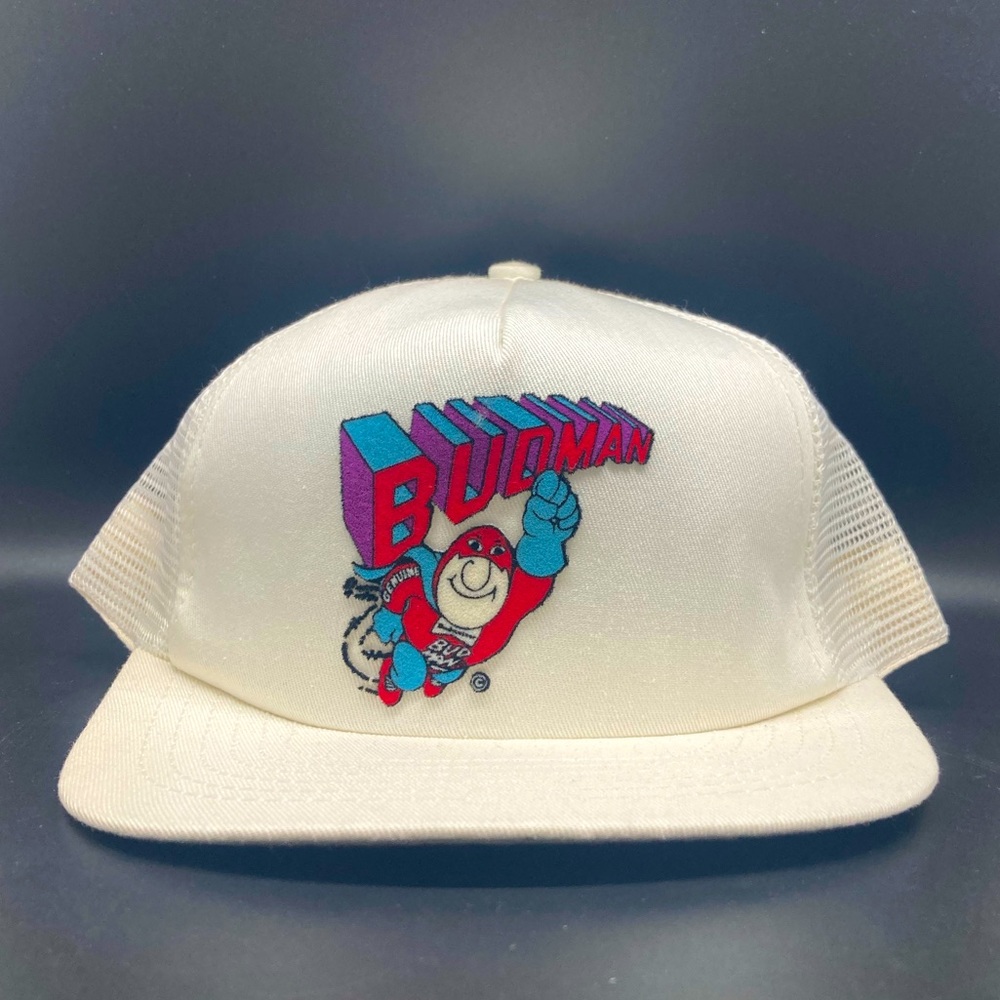 Vintage Budman Budweiser White Snap Back Hat Mesh Trucker
